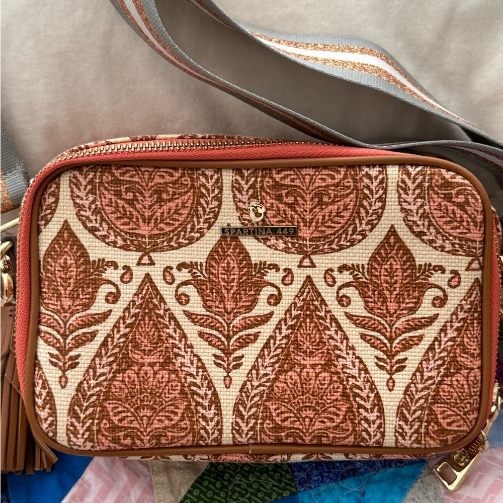 Spartina 449 Coral and Cream Leaf Motif Crossbody Bag